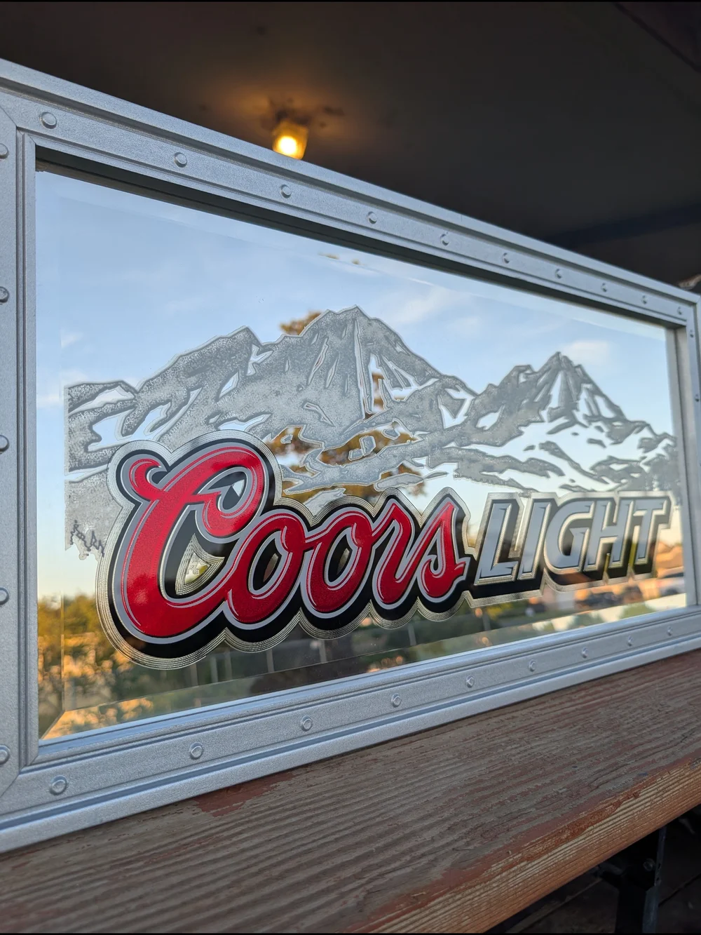 Vintage Coors Light Beer Mirror Sign With Etched Glass Mountains 27.5